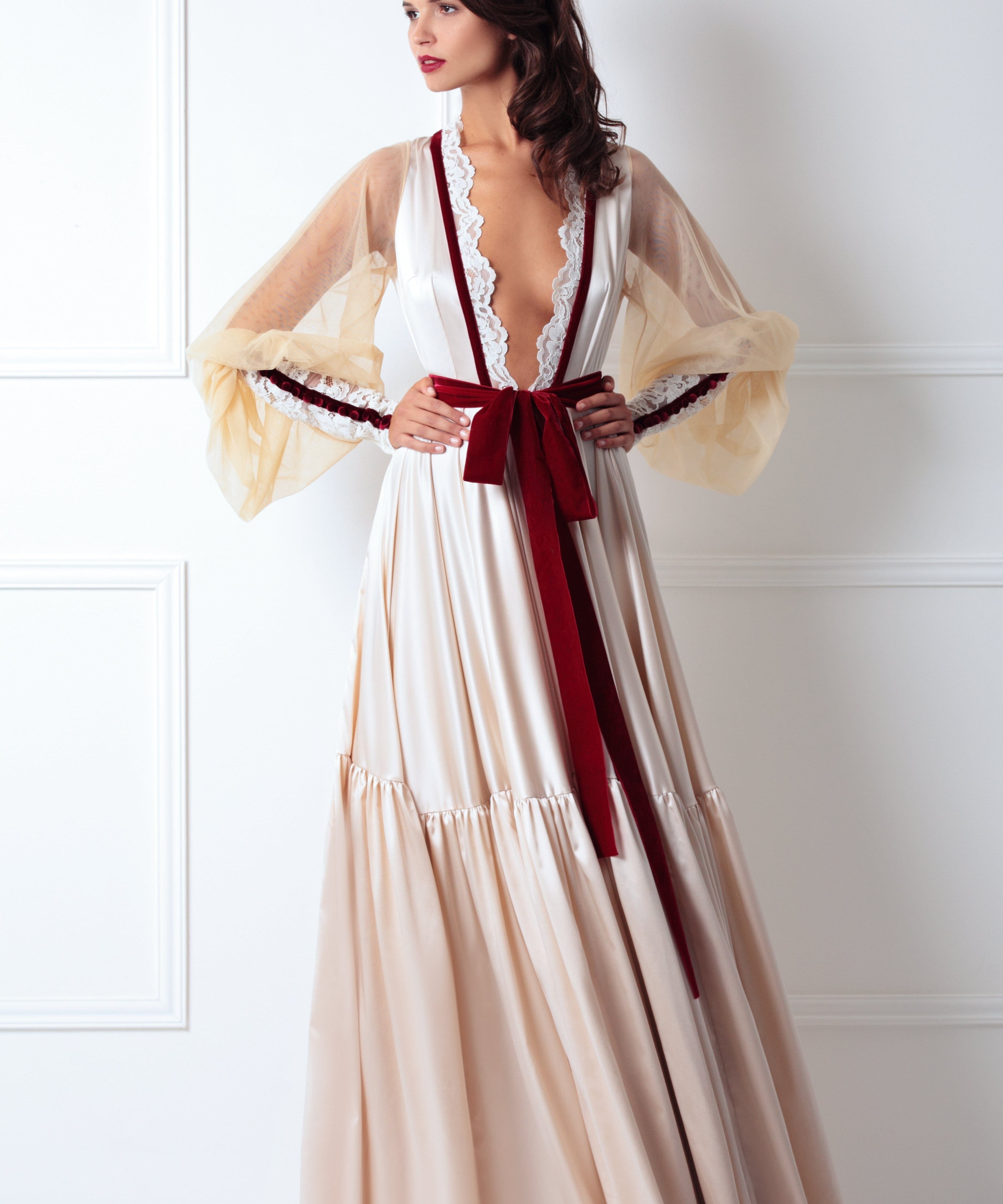  Cream Full Satin Maxi Robe Product Amoralle